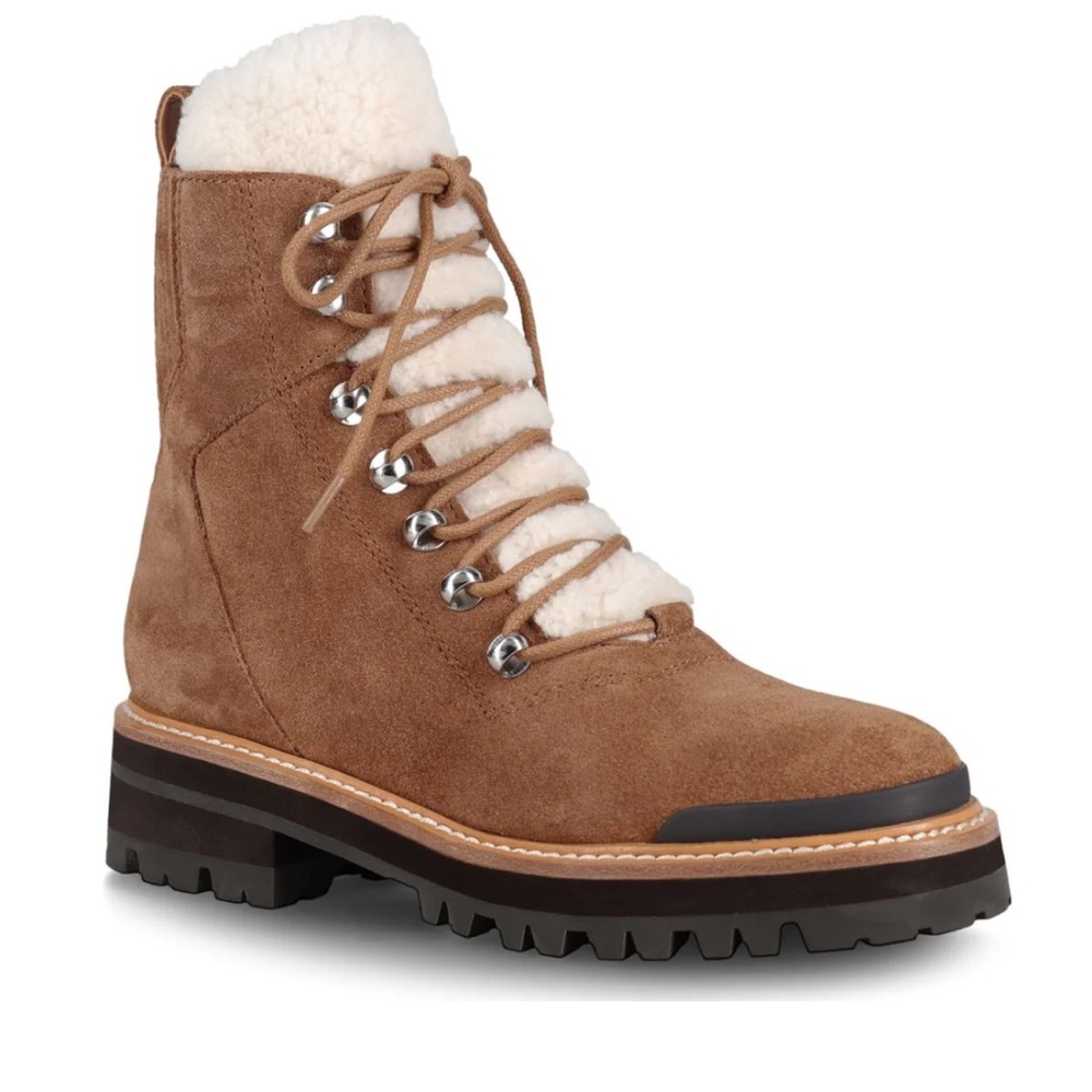 New Marc Fisher Lizzie tan suede ankle boots with Sherpa lining